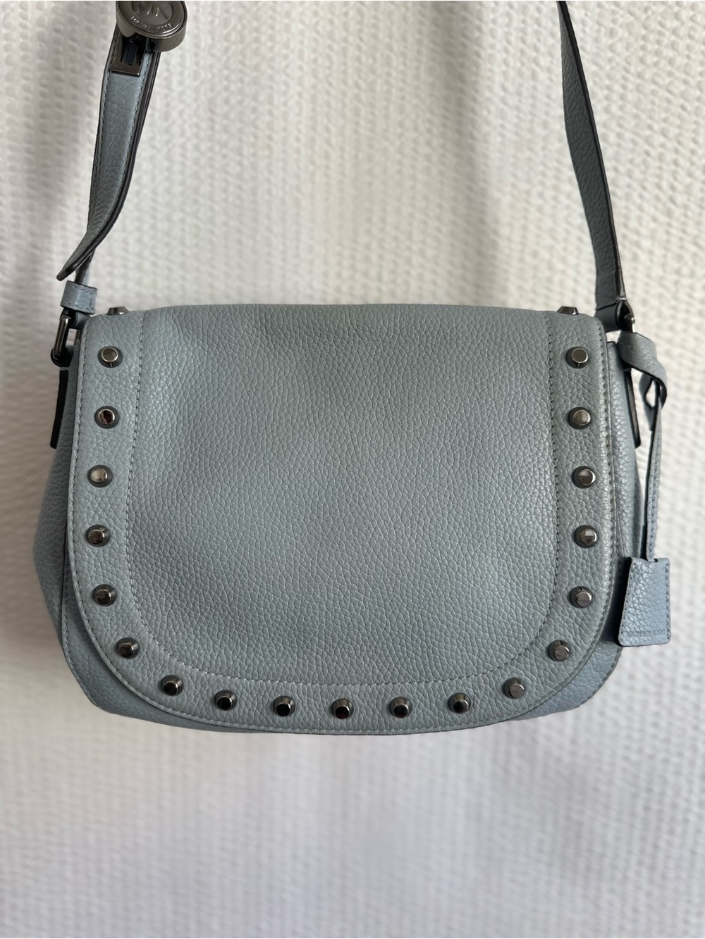 Michael Kors Blue Pebbled Leather Studded Saddle Crossbody Bag Messenger Purse